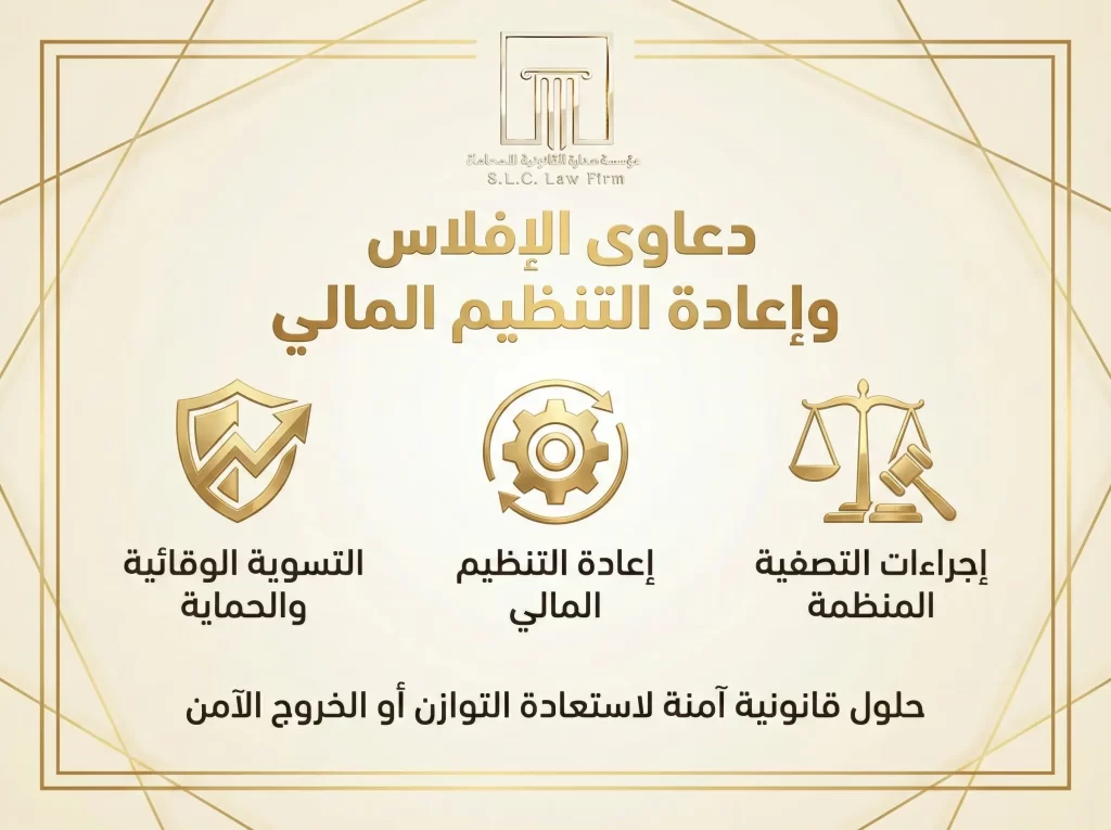 تصميم جرافيك ذهبي من شركة صدارة للمحاماة يوضح خدمات دعاوى الإفلاس وإعادة التنظيم المالي في السعودية. يحتوي على أيقونات تمثل التسوية الوقائية والحماية، إعادة الهيكلة المالية، وإجراءات التصفية المنظمة كحلول قانونية آمنة.