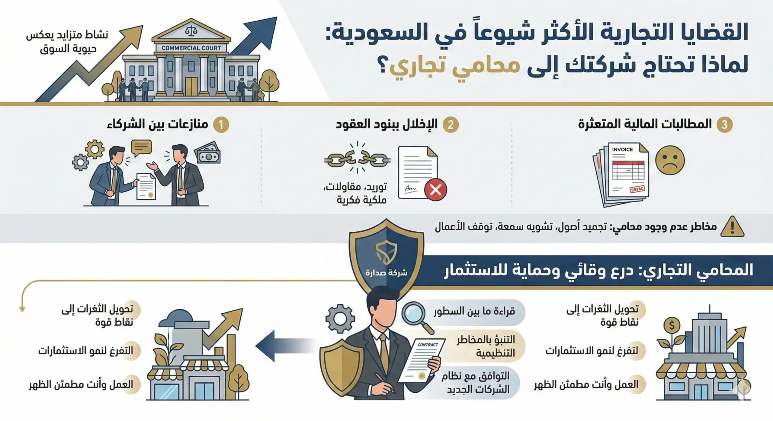 إنفوجرافيك: لماذا تحتاج شركتك إلى محامي تجاري؟ يوضح القضايا التجارية الأكثر شيوعاً في السعودية مثل منازعات الشركاء والإخلال بالعقود، وكيف يعمل محامي صدارة كدرع وقائي لحماية الاستثمار.