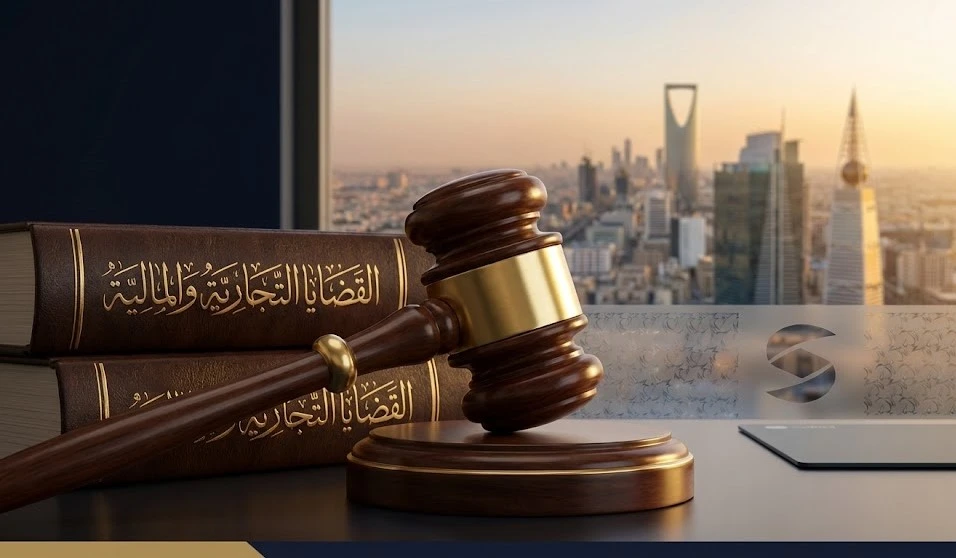 مطرقة العدالة ومجلدات القضايا التجارية والمالية أمام خلفية أبراج الرياض - خدمات شركة صدارة للمحاماة في المنازعات التجارية