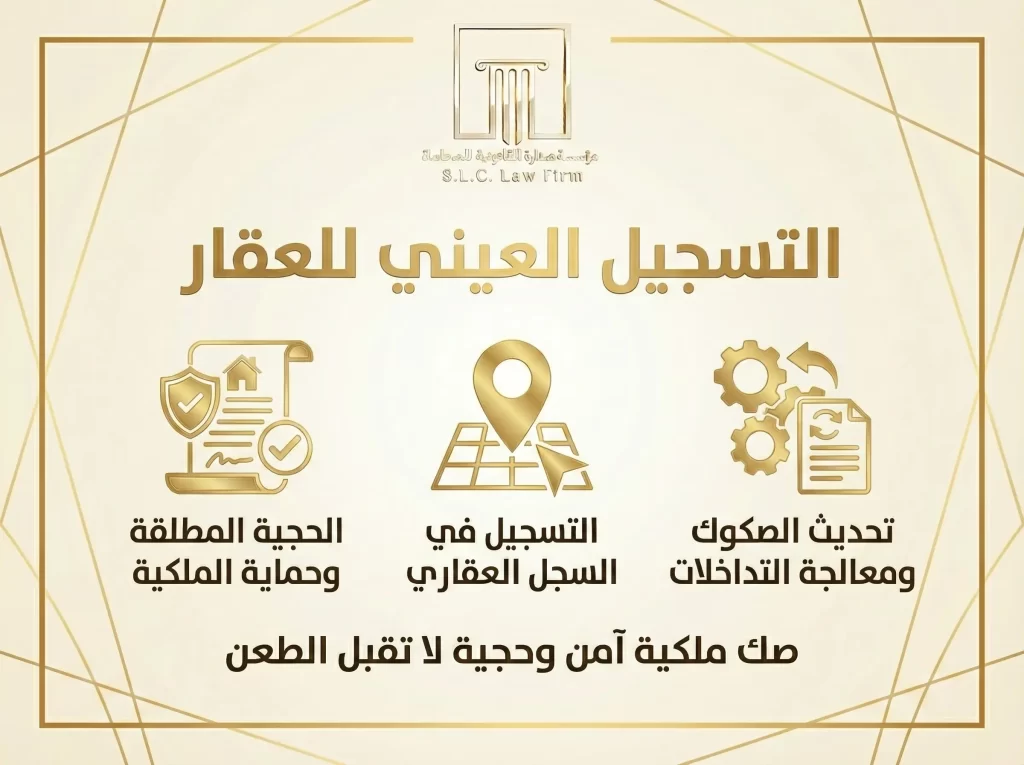 إنفوجرافيك ذهبي من صدارة للمحاماة يوضح خدمات التسجيل العيني للعقار. يتضمن ثلاثة عناصر: الحجية المطلقة وحماية الملكية (رمز درع ومنزل)، التسجيل في السجل العقاري (دبوس موقع على خريطة)، وتحديث الصكوك ومعالجة التداخلات (تروس ومستند)