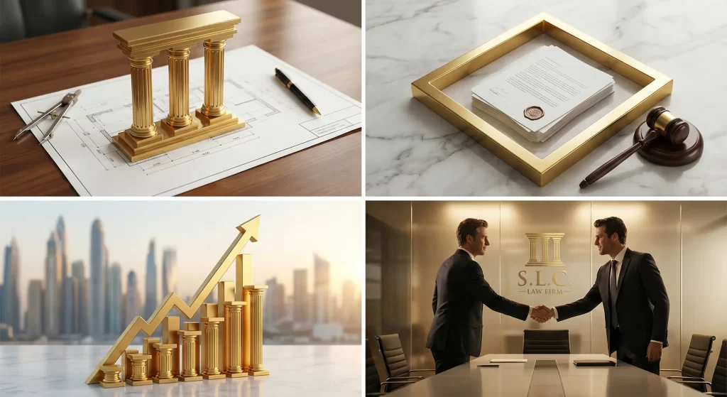 صورة مجمعة توضح دورة الخدمات القانونية المتكاملة التي تقدمها مؤسسة صدارة القانونية (S.L.C. Law Firm) للمستثمرين الأجانب في السعودية. تُظهر الصورة أربع مراحل: التأسيس (أعمدة ذهبية على مخطط)، الحماية القانونية (عقود ومطرقة قاضي)، نمو الاستثمار (رسم بياني صاعد في مدينة حديثة)، وعقد الشراكات (رجال أعمال يتصافحون في مقر الشركة).