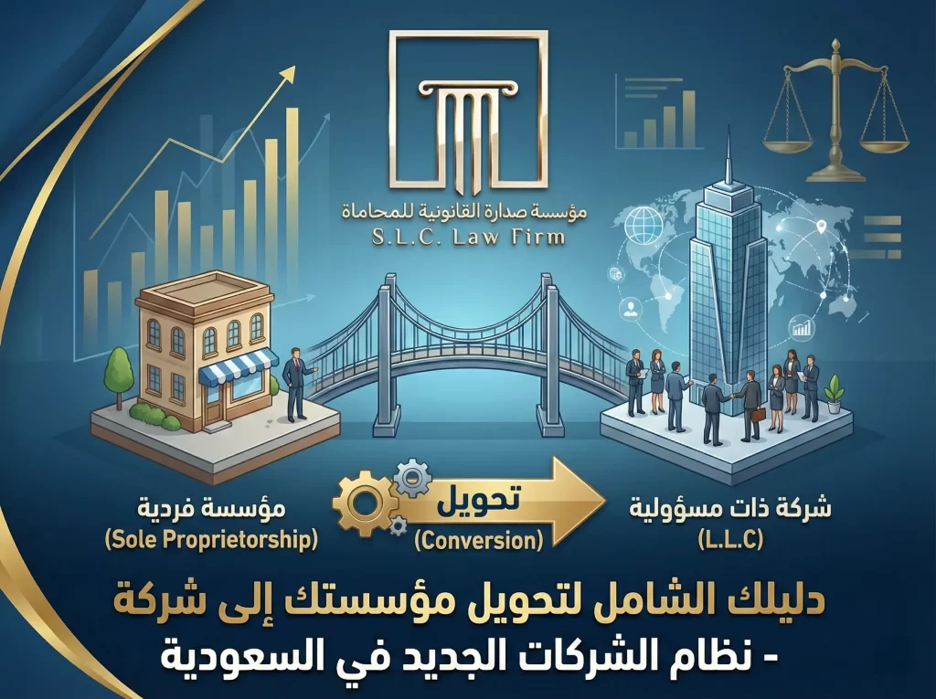 رسم توضيحي يظهر عملية تحويل مؤسسة فردية إلى شركة ذات مسؤولية محدودة في السعودية، مع شعار مؤسسة صدارة القانونية للمحاماة وعنوان "دليلك الشامل لتحويل مؤسستك إلى شركة - نظام الشركات الجديد في السعودية".