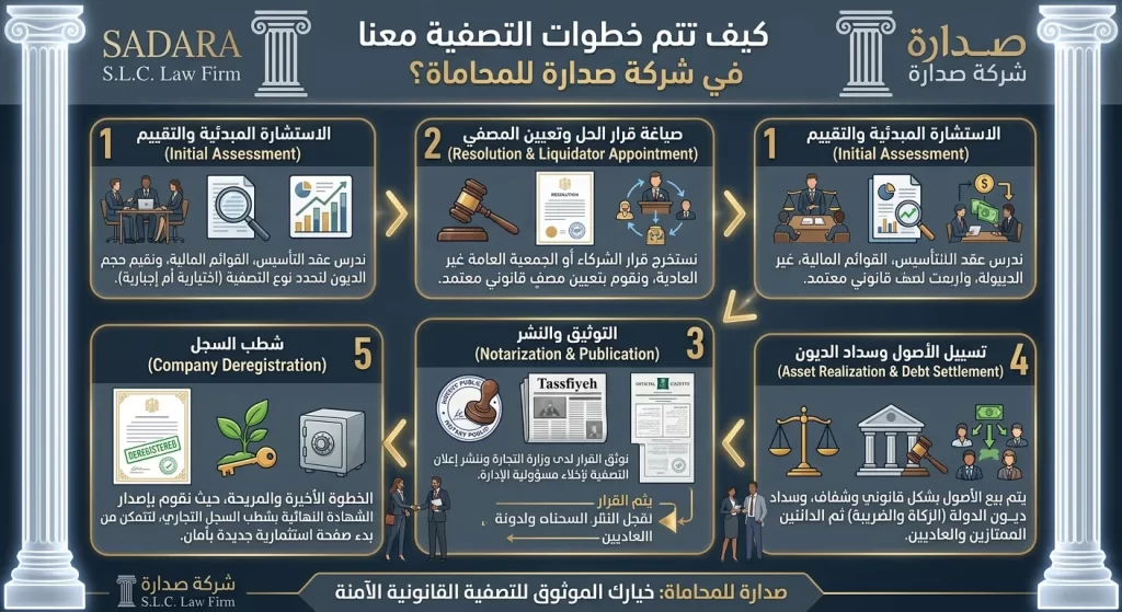إنفوجرافيك يشرح الخطوات الخمس لتصفية الشركات في السعودية (التقييم، تعيين المصفي، التوثيق، تسييل الأصول، وشطب السجل التجاري) مع محامي تصفية شركات من صدارة.