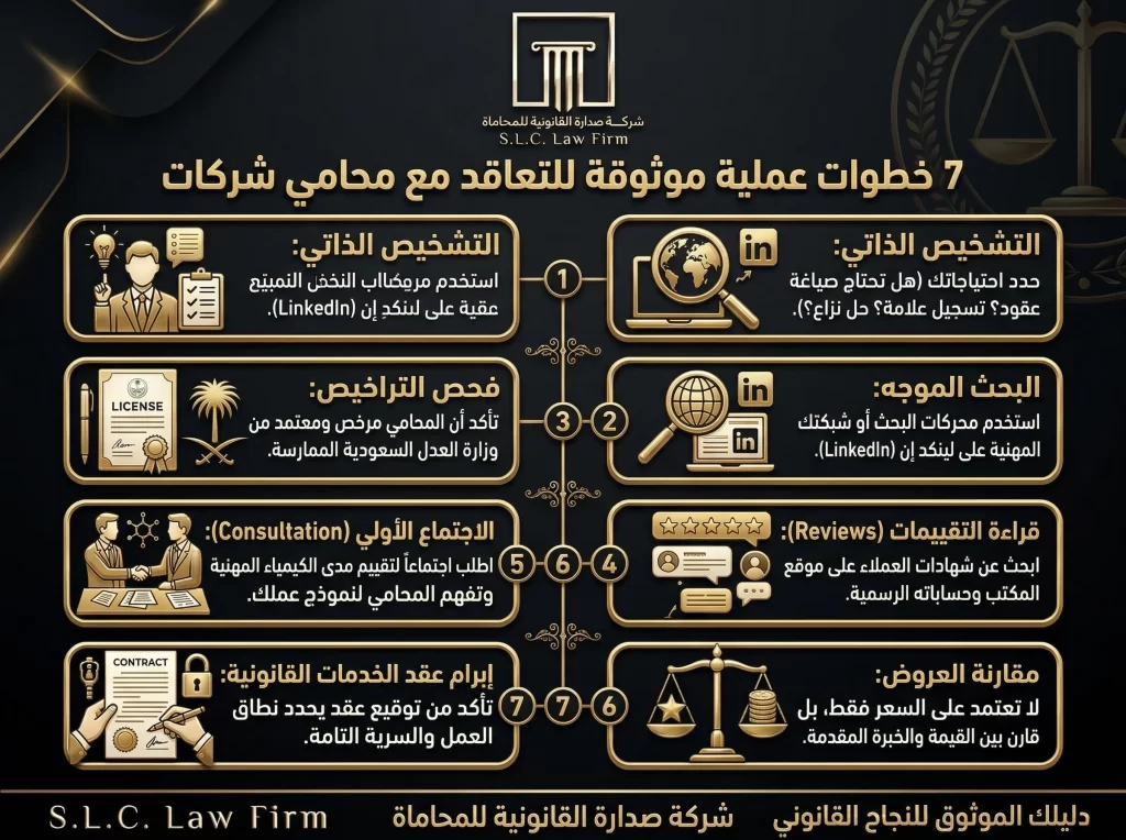 إنفوجرافيك من شركة صدارة للمحاماة يوضح 7 خطوات عملية وموثوقة لاختيار والتعاقد مع أفضل محامي شركات في السعودية، تشمل تحديد الاحتياجات، فحص تراخيص وزارة العدل، قراءة التقييمات، وإبرام العقد القانوني.