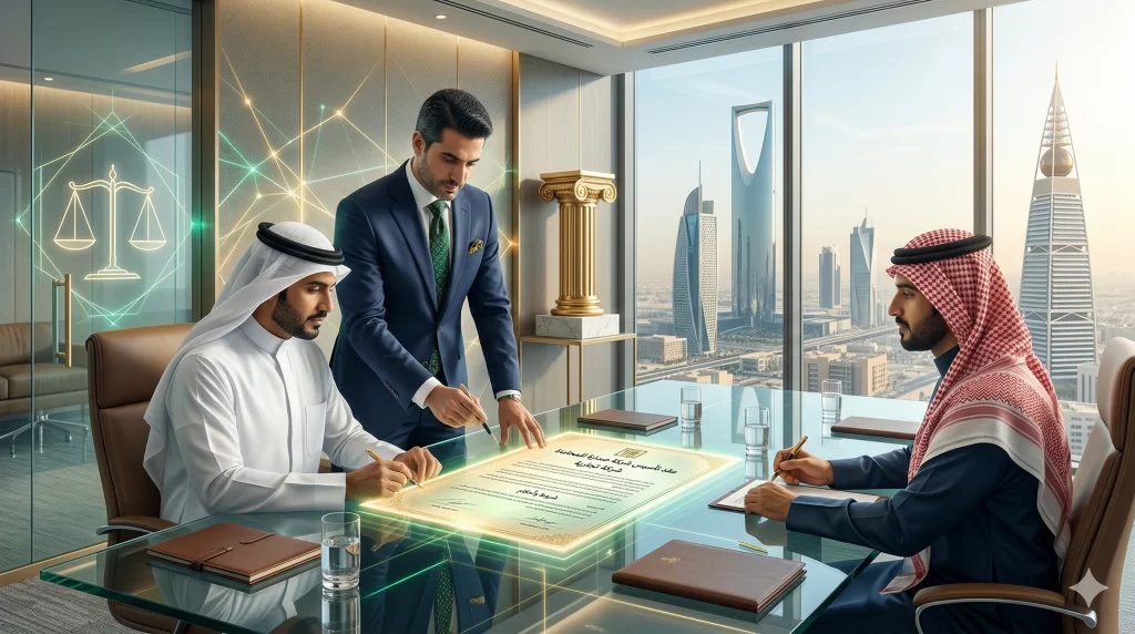 أفضل محامي تجاري من شركة صدارة للمحاماة يقدم استشارات قانونية لرجال أعمال سعوديين أثناء مراجعة وصياغة عقد تجاري في قاعة اجتماعات حديثة تطل على أبراج مدينة الرياض.