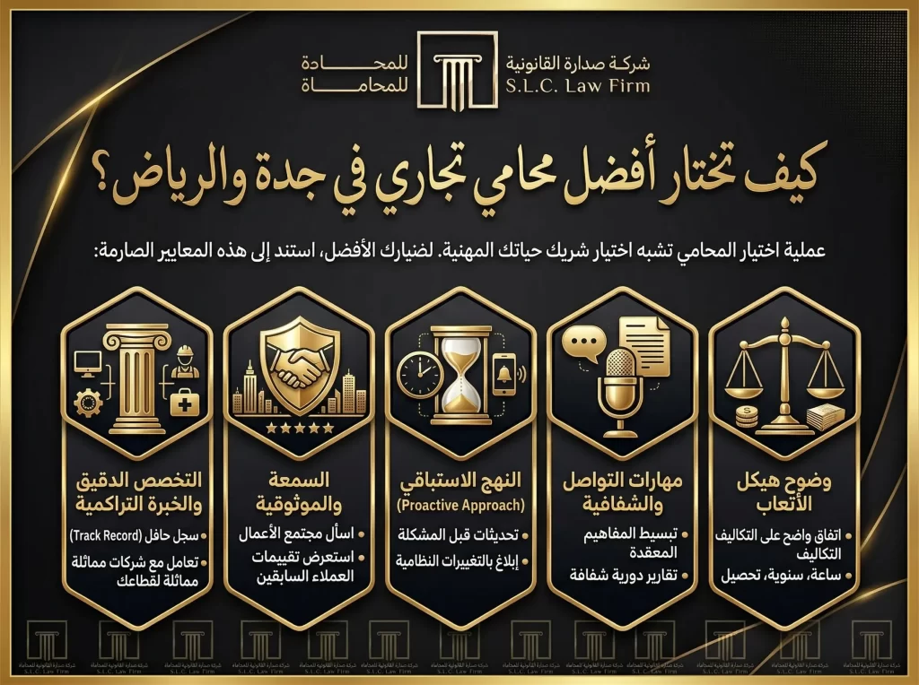 إنفوجرافيك من شركة صدارة للمحاماة يوضح 5 معايير صارمة لاختيار أفضل محامي تجاري وشركات في جدة والرياض، تشمل التخصص الدقيق، السمعة، النهج الاستباقي، مهارات التواصل، ووضوح هيكل الأتعاب.