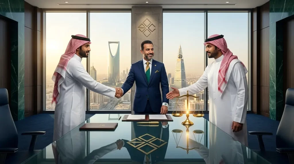 صورة تجسد خدمات أفضل محامي ومكتب تحصيل ديون في السعودية، تظهر محاميًا يصافح رجل أعمال سعودي فوق وثائق تعاقد وميزان العدالة في مكتب فاخر يطل على أبراج الرياض (برج المملكة والفيصلية) كرمز للتسوية الناجحة واسترداد الحقوق.