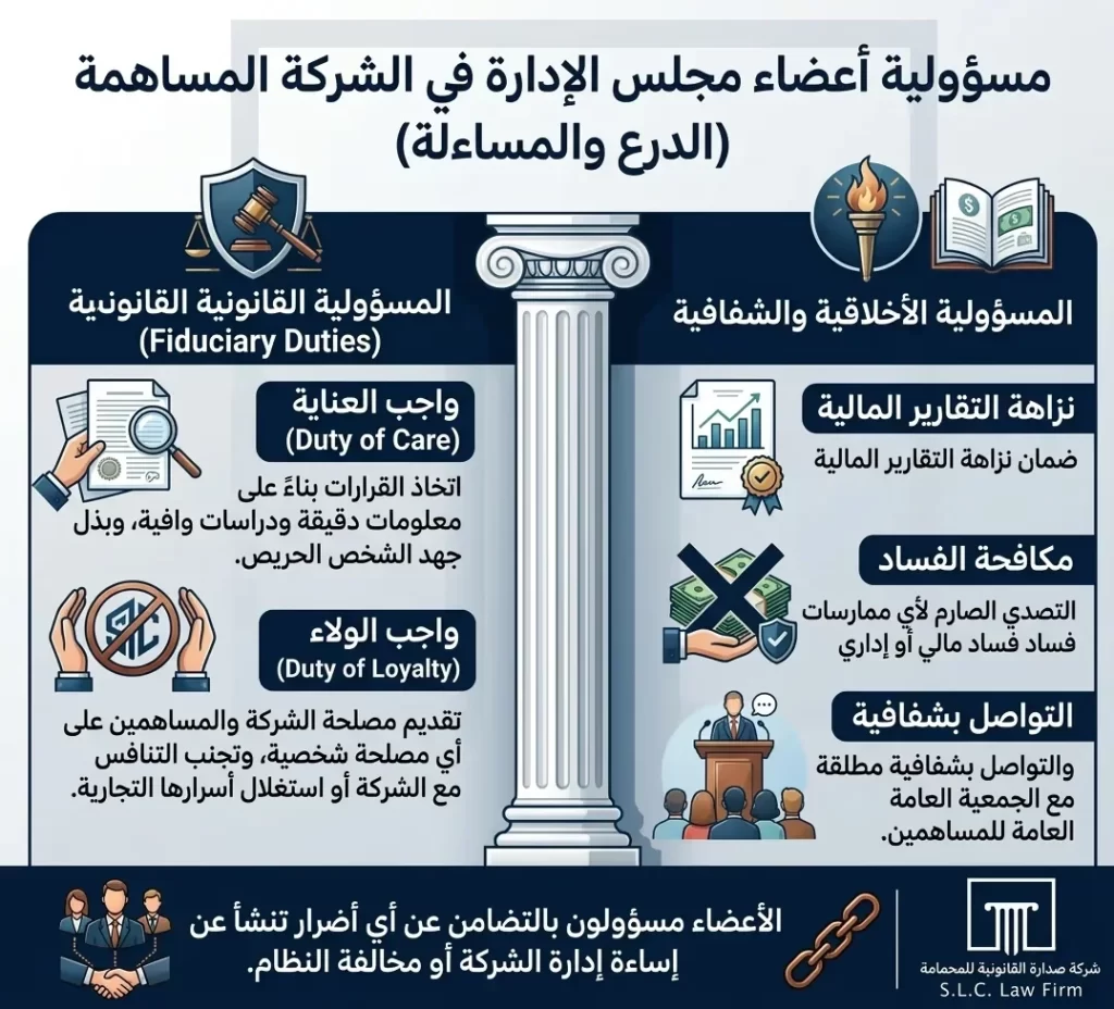 إنفوجرافيك يشرح تفصيلياً مسؤولية أعضاء مجلس الإدارة في الشركة المساهمة، مقسمة إلى المسؤولية القانونية (واجب العناية وواجب الولاء) والمسؤولية الأخلاقية والشفافية، مقدم من شركة صدارة للمحاماة.