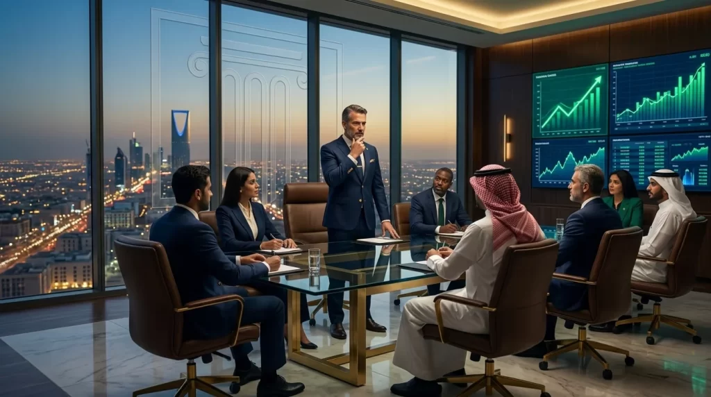 اجتماع احترافي لرئيس وأعضاء مجلس الإدارة في شركة مساهمة بالرياض لمناقشة القرارات الاستراتيجية وحوكمة الشركات، برعاية شركة صدارة للمحاماة.