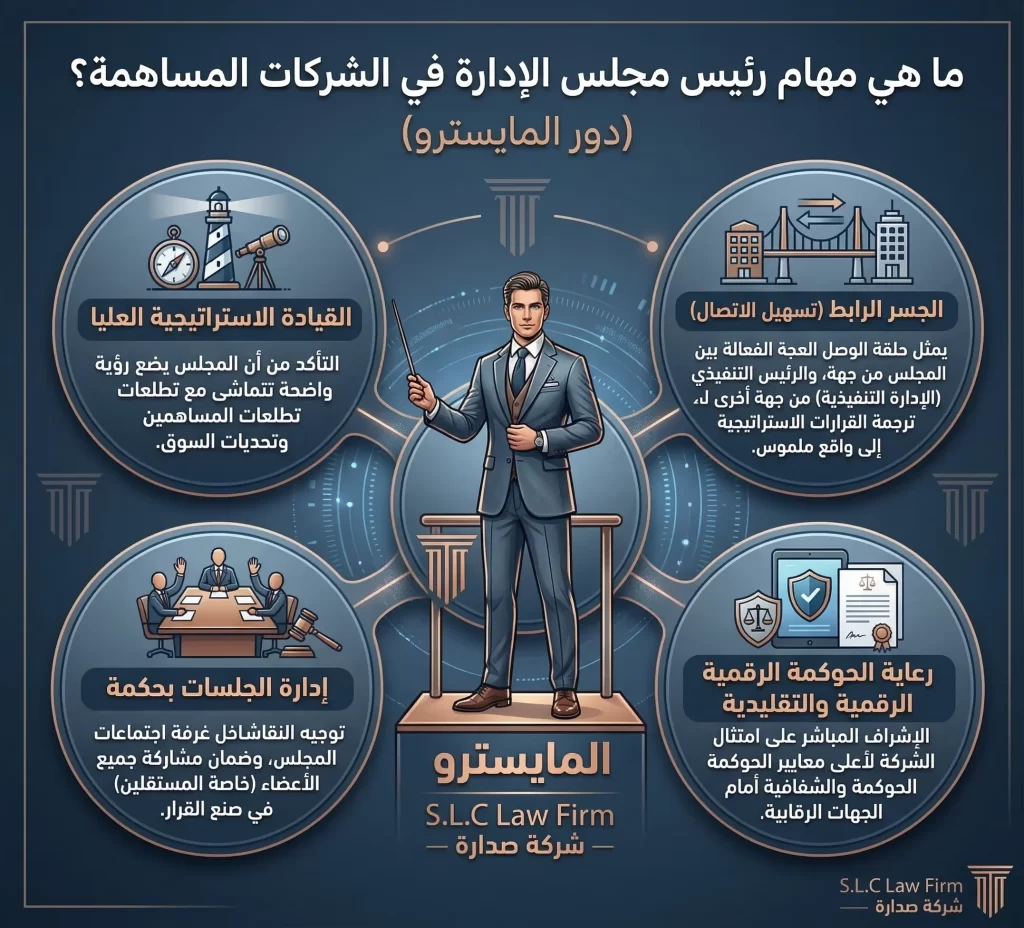 إنفوجرافيك يشرح مهام رئيس مجلس الإدارة في الشركات المساهمة (دور المايسترو) بما يشمل القيادة الاستراتيجية، إدارة الجلسات، الإشراف على الحوكمة، مقدم من شركة صدارة للمحاماة والاستشارات القانونية.