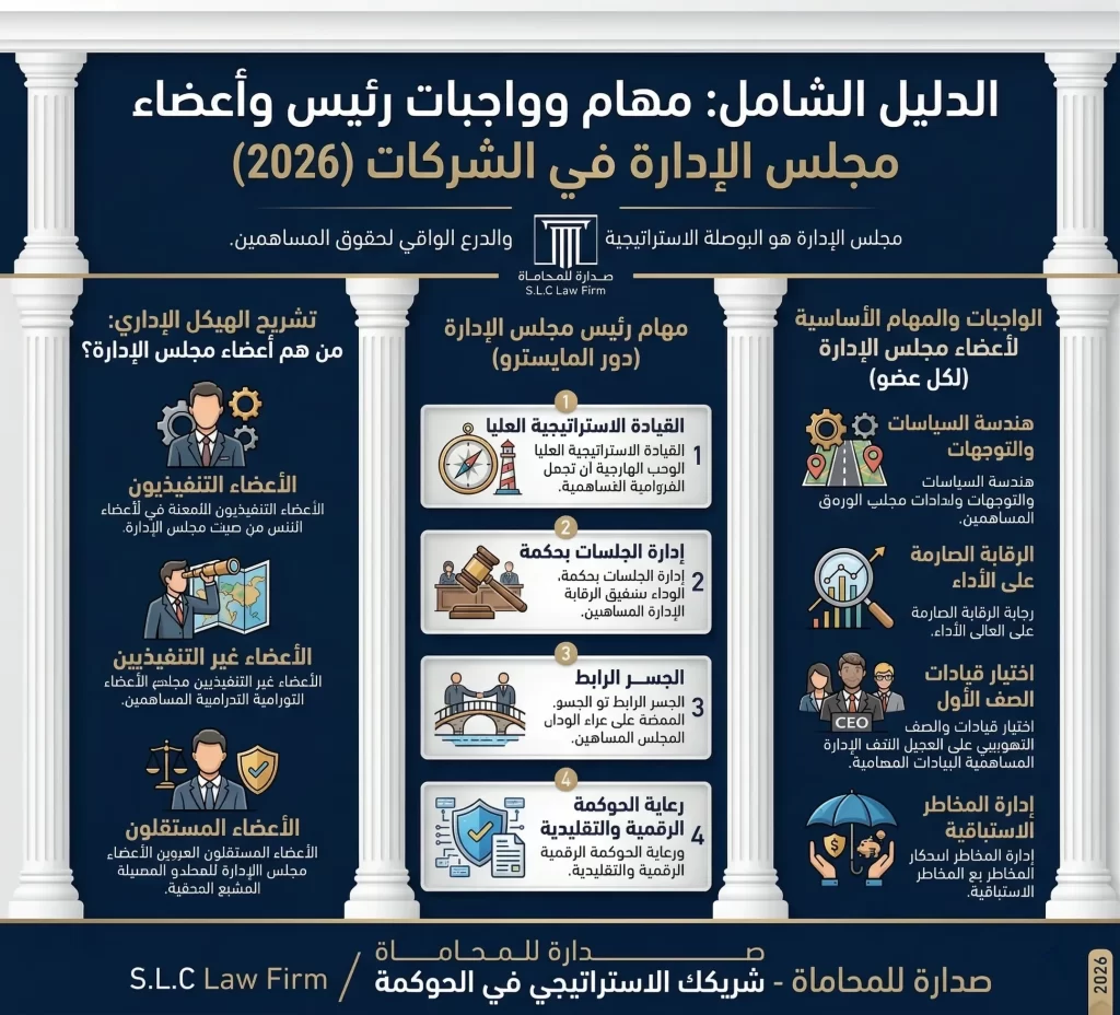 إنفوجرافيك الدليل الشامل يوضح مهام وواجبات رئيس وأعضاء مجلس الإدارة في الشركات المساهمة، يشمل الهيكل الإداري، دور القيادة الاستراتيجية، وإدارة المخاطر، مقدم من شركة صدارة القانونية للمحاماة.