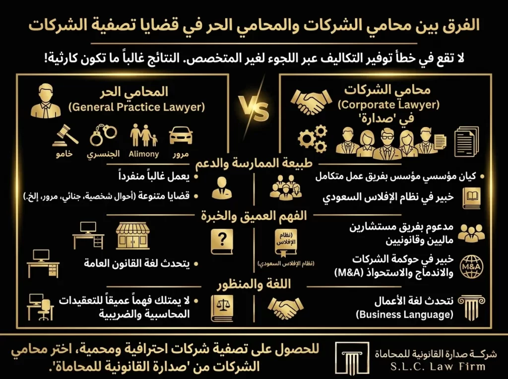 إنفوجرافيك يقارن بين محامي الشركات المتخصص والمحامي الحر في قضايا تصفية الشركات. يوضح كيف يتميز محامي الشركات في "صدارة" بدعم فريق مؤسسي متكامل، وخبرة عميقة في نظام الإفلاس السعودي، والتعقيدات المحاسبية والضريبية، مقارنة بالمحامي الفردي ذو الممارسة العامة لتجنب الخسائر الكارثية.