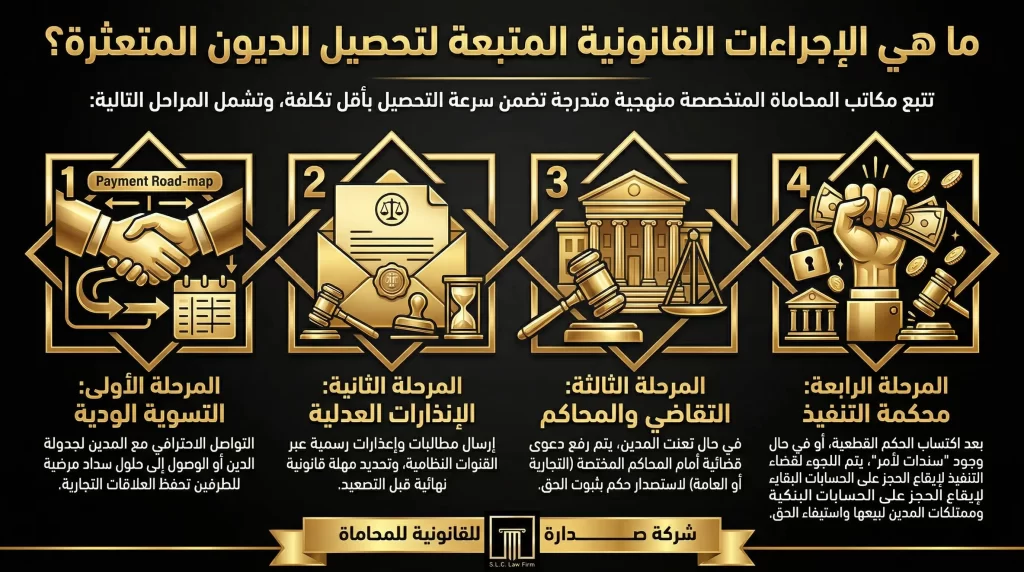 إنفوجرافيك يوضح الإجراءات القانونية المتبعة لتحصيل الديون المتعثرة في السعودية، من التسوية الودية وحتى محكمة التنفيذ - شركة صدارة للمحاماة.