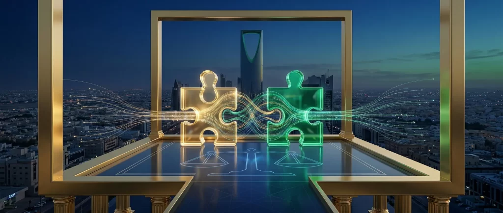 تمثيل بصري لعمليات الاندماج والاستحواذ في السعودية: فوق أفق مدينة الرياض الغسق وبرج المملكة، تتشابك قطعتان متشابكتان مضيئتان من الأحجية الذهبية والخضراء على منصة معمارية فاخرة، ترمز لشركتين تندمجان، مع ميزان عدالة قانوني وخطوط بيانات متدفقة، مقدمة من شركة SLC Law Firm (صدارة الدولية للمحاماة).