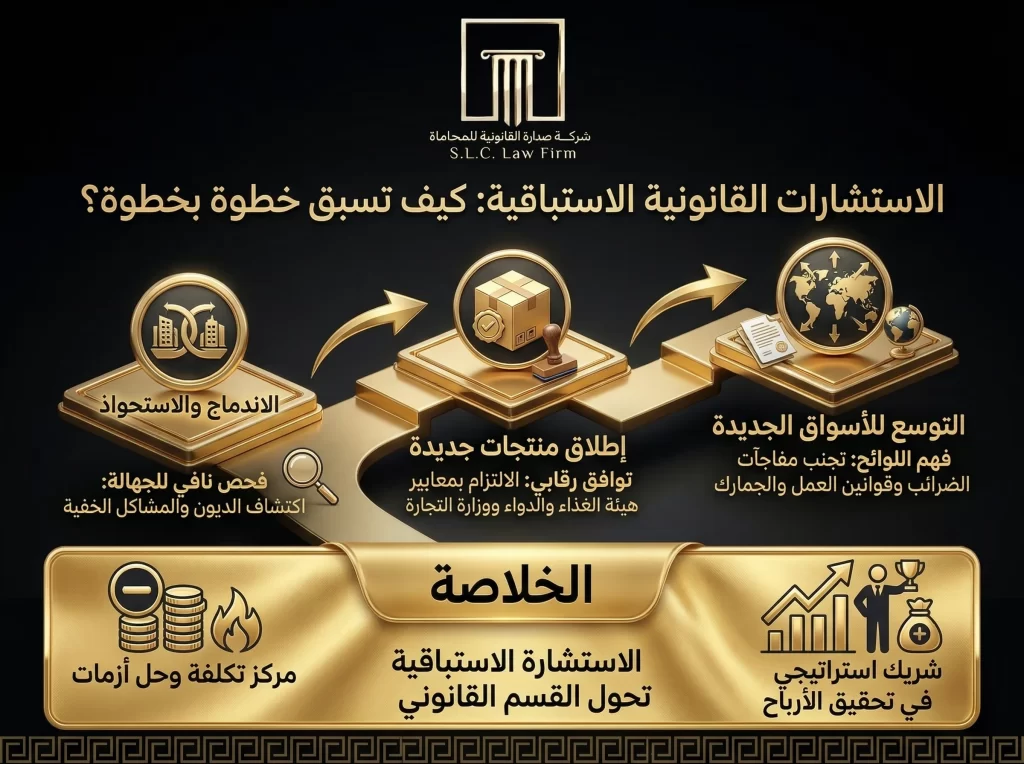 إنفوجرافيك احترافي من شركة صدارة القانونية للمحاماة (S.L.C. Law Firm) يوضح أهمية الاستشارات القانونية الاستباقية كدرع واق للشركات في السعودية. تظهر الصورة ثلاث خطوات عملية: الأولى "الاندماج والاستحواذ" (M&A) وضرورة الفحص النافي للجهالة لكشف الديون؛ الثانية "إطلاق منتجات جديدة" والالتزام بمعايير هيئة الغذاء والدواء ووزارة التجارة؛ الثالثة "التوسع للأسواق الجديدة" وفهم قوانين الضرائب والعمل والجمارك. الخلاصة توضح تحول القسم القانوني من مركز تكلفة وحل أزمات إلى شريك استراتيجي في تحقيق الأرباح.