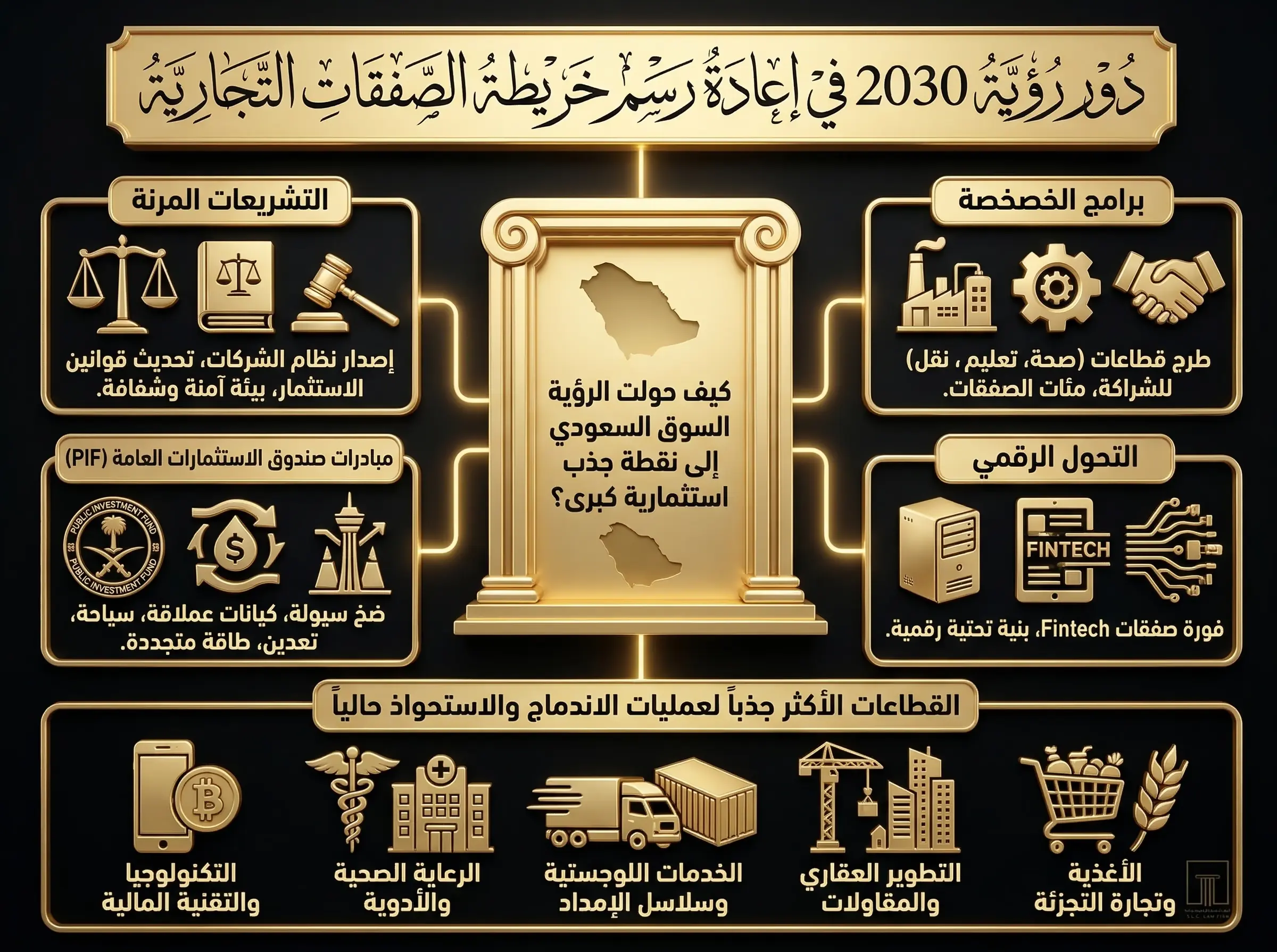 إنفوجرافيك من شركة صدارة للمحاماة يوضح دور رؤية السعودية 2030 في إعادة رسم خريطة الصفقات التجارية وجذب الاستثمارات. يسلط الضوء على التشريعات المرنة، برامج الخصخصة، مبادرات صندوق الاستثمارات العامة (PIF)، والتحول الرقمي. كما يستعرض القطاعات الأكثر جذباً لعمليات الاندماج والاستحواذ في السوق السعودي مثل التقنية المالية، الرعاية الصحية، والخدمات اللوجستية.