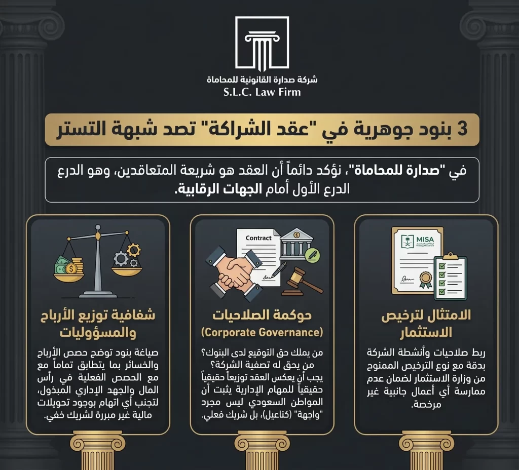 إنفوغرافيك من شركة صدارة للمحاماة يوضح 3 بنود جوهرية في عقد الشراكة لصد شبهة التستر التجاري في السعودية، وهي: شفافية توزيع الأرباح والخسائر بما يطابق الجهد ورأس المال، حوكمة الصلاحيات وإثبات الشراكة الفعلية للمواطن السعودي، والامتثال الدقيق لترخيص وزارة الاستثمار (MISA).