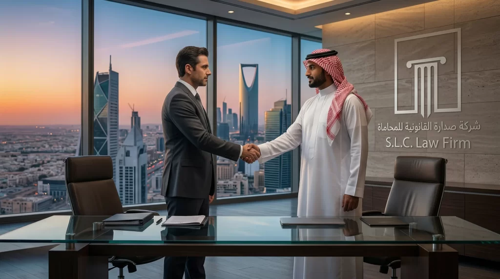 رجل أعمال ومحامي سعودي يتصافحان داخل مكتب شركة صدارة للمحاماة مطل على أبراج الرياض - أفضل محامي تأسيس شركات في الرياض لضمان انطلاقة قانونية آمنة.