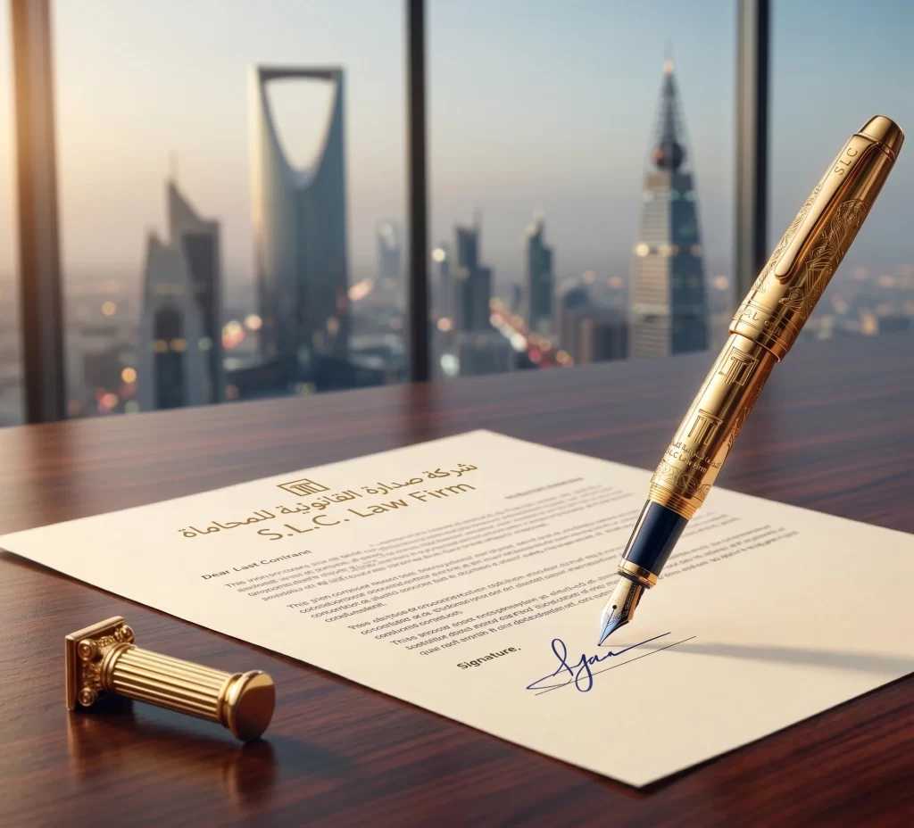 قلم ذهبي يوقع وثيقة رسمية لشركة صدارة للمحاماة (S.L.C. Law Firm) على مكتب يطل على أفق العاصمة الرياض. صورة تعبر عن خدمات الشركة الاحترافية في صياغة عقود العمل (Drafting Employment Contracts) واعتماد اللائحة الداخلية (Internal Regulations Approval) للشركات وفقاً لنظام العمل السعودي.