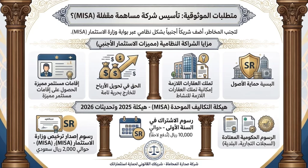 إنفوجرافيك من شركة صدارة للمحاماة يشرح متطلبات الموثوقية لتأسيس شراكة نظامية وشركة مساهمة مقفلة عبر وزارة الاستثمار (MISA) في السعودية، مع توضيح مزايا الاستثمار الأجنبي وهيكلة التكاليف والرسوم لعام 2026.