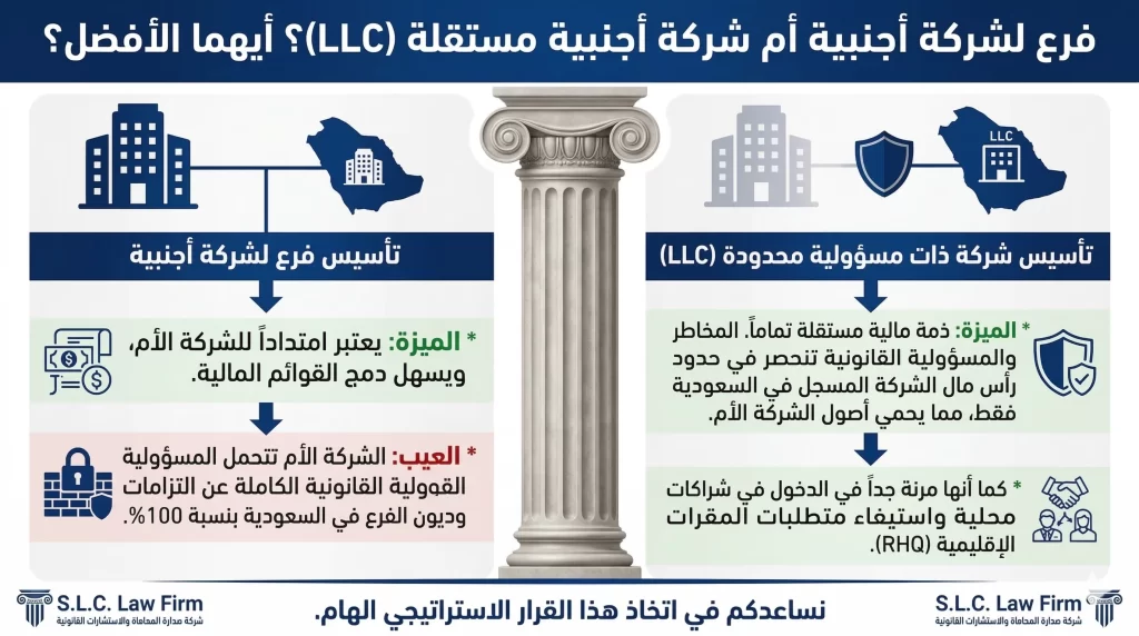 إنفوجرافيك يقارن بين تأسيس فرع لشركة أجنبية وتأسيس شركة ذات مسؤولية محدودة (LLC) بملكية أجنبية 100% في السعودية. يوضح مزايا وعيوب كل كيان من حيث الذمة المالية المستقلة، حماية الأصول، وبرنامج المقرات الإقليمية (RHQ)، مقدم من شركة صدارة للمحاماة.
