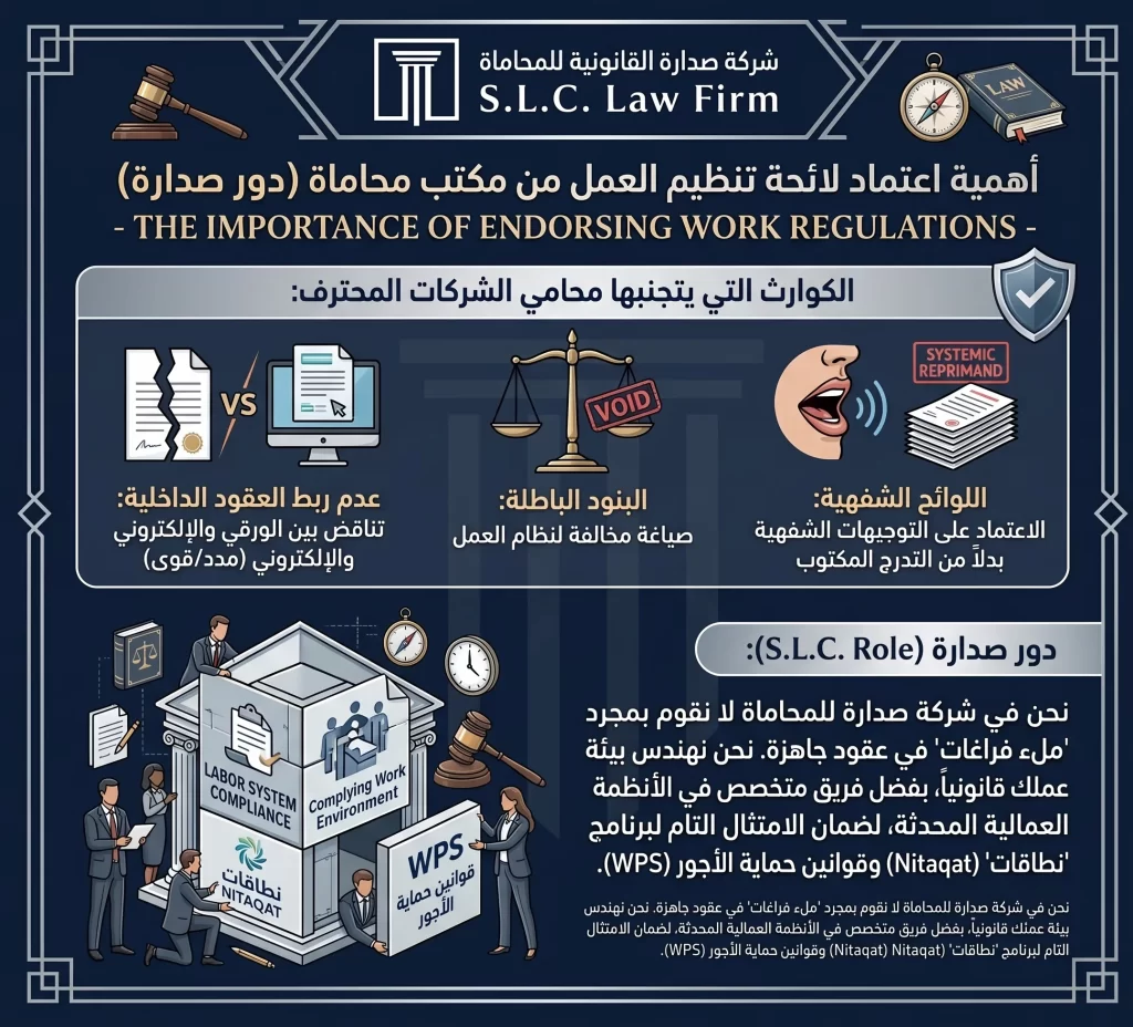 إنفوغرافيك من شركة صدارة للمحاماة والاستشارات القانونية (SLC Law Firm) يوضح 3 إجراءات إلزامية لاعتماد "لائحة تنظيم العمل" (Work Regulations Policy) عبر منصة "قوى" (Qiwa platform) في السعودية. الإجراءات هي: صياغة اللائحة النموذجية وتخصيصها بما يناسب نشاط المنشأة وفترات التجربة، الرفع الإلكتروني عبر منصة قوى للحصول على الاعتماد الآلي أو المراجعة الحكومية، والنشر والإعلان في مكان بارز بالمنشأة وإبلاغ الموظفين رسمياً.