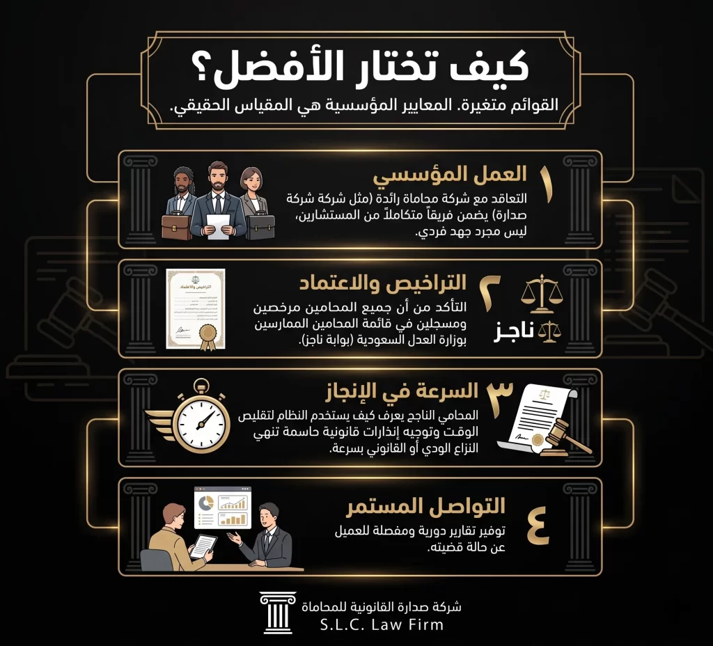 إنفوجرافيك يوضح 4 معايير أساسية لاختيار أفضل محامي في المدينة المنورة والسعودية: التعاقد مع شركة محاماة للعمل المؤسسي، التراخيص المعتمدة من بوابة ناجز، السرعة في الإنجاز، والتواصل المستمر، مقدم من شركة صدارة القانونية للمحاماة.