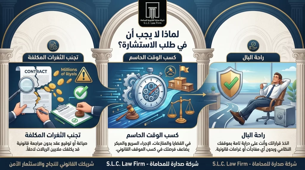 إنفوجرافيك من شركة صدارة للمحاماة يوضح أهمية طلب الاستشارة القانونية المبكرة للشركات والأفراد، والتي تشمل تجنب الثغرات المكلفة في صياغة العقود، كسب الوقت في المنازعات القضائية، وضمان راحة البال والموقف النظامي في السعودية.