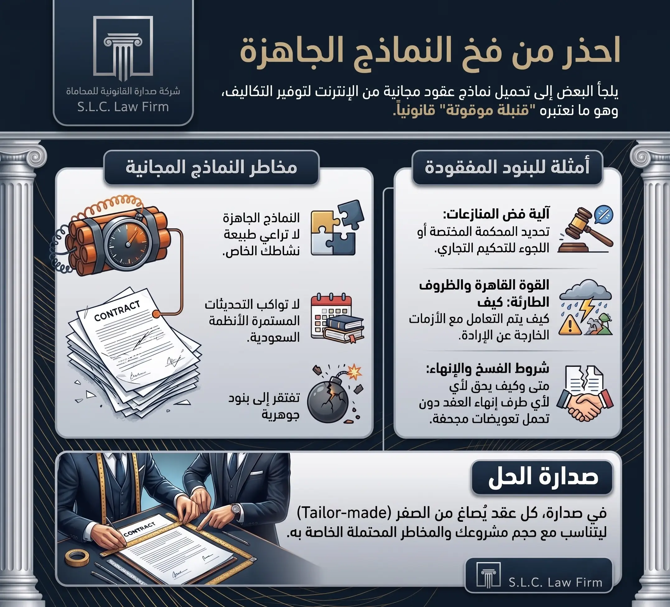 إنفوغرافيك من شركة صدارة للمحاماة يوضح مخاطر استخدام نماذج العقود المجانية والجاهزة من الإنترنت، واصفاً إياها بالقنبلة الموقوتة (Ticking Time Bomb). النماذج الجاهزة تفتقر للبنود الجوهرية مثل: آلية فض المنازعات (Dispute Resolution)، القوة القاهرة (Force Majeure)، وشروط الفسخ والإنهاء. تقدم 'صدارة' الحل عبر صياغة عقود مخصصة من الصفر (Tailor-made Contracts) تناسب حجم ومخاطر كل مشروع في السعودية.