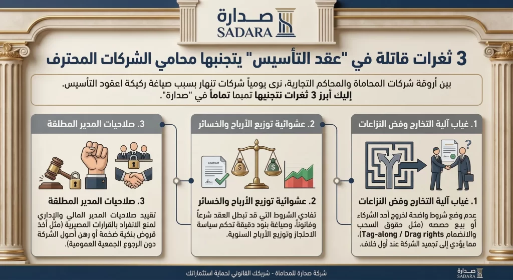 إنفوغرافيك من شركة صدارة للمحاماة يوضح 3 ثغرات قاتلة في عقد تأسيس الشركات التجارية بالسعودية يجب تجنبها: غياب آلية التخارج، عشوائية توزيع الأرباح، والصلاحيات المطلقة للمدير.