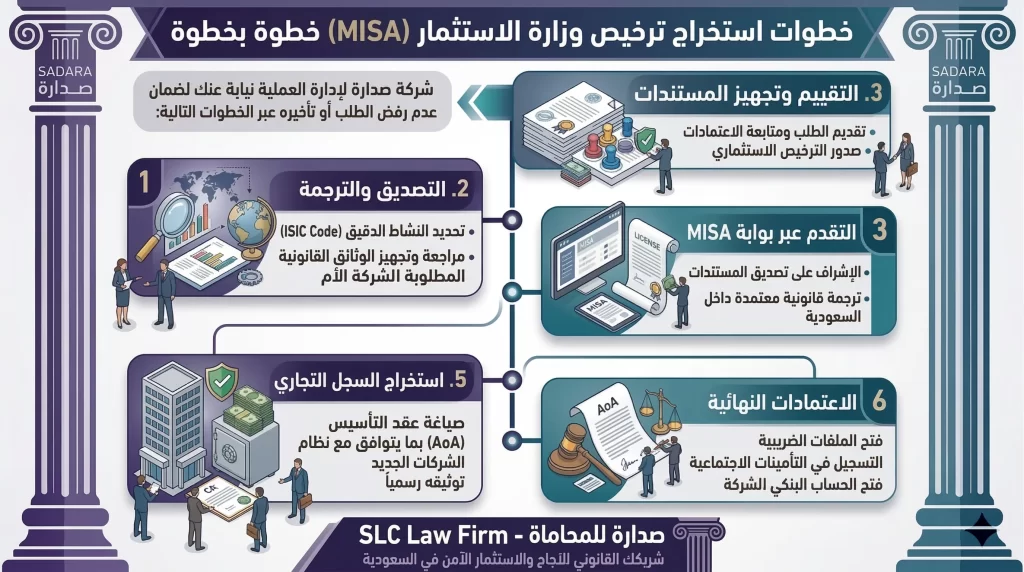 انفوجرافيك يوضح الـ 6 خطوات لاستخراج ترخيص وزارة الاستثمار (MISA) في السعودية بواسطة شركة صدارة للمحاماة، يشمل: التقييم، التصديق، التقديم الإلكتروني، توثيق عقد التأسيس، استخراج السجل التجاري، والاعتمادات النهائية لضمان عدم رفض الطلب أو تأخيره.