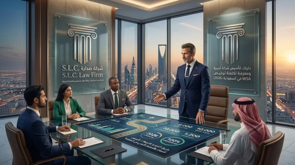 إنفوجرافيك بارز يظهر مستشاراً قانونياً من شركة صدارة يشرج خريطة طريق قانونية لتأسيس شركة أجنبية في السعودية وتكلفة ترخيص MISA لعام 2026 لمجموعة من المستثمرين في الرياض.