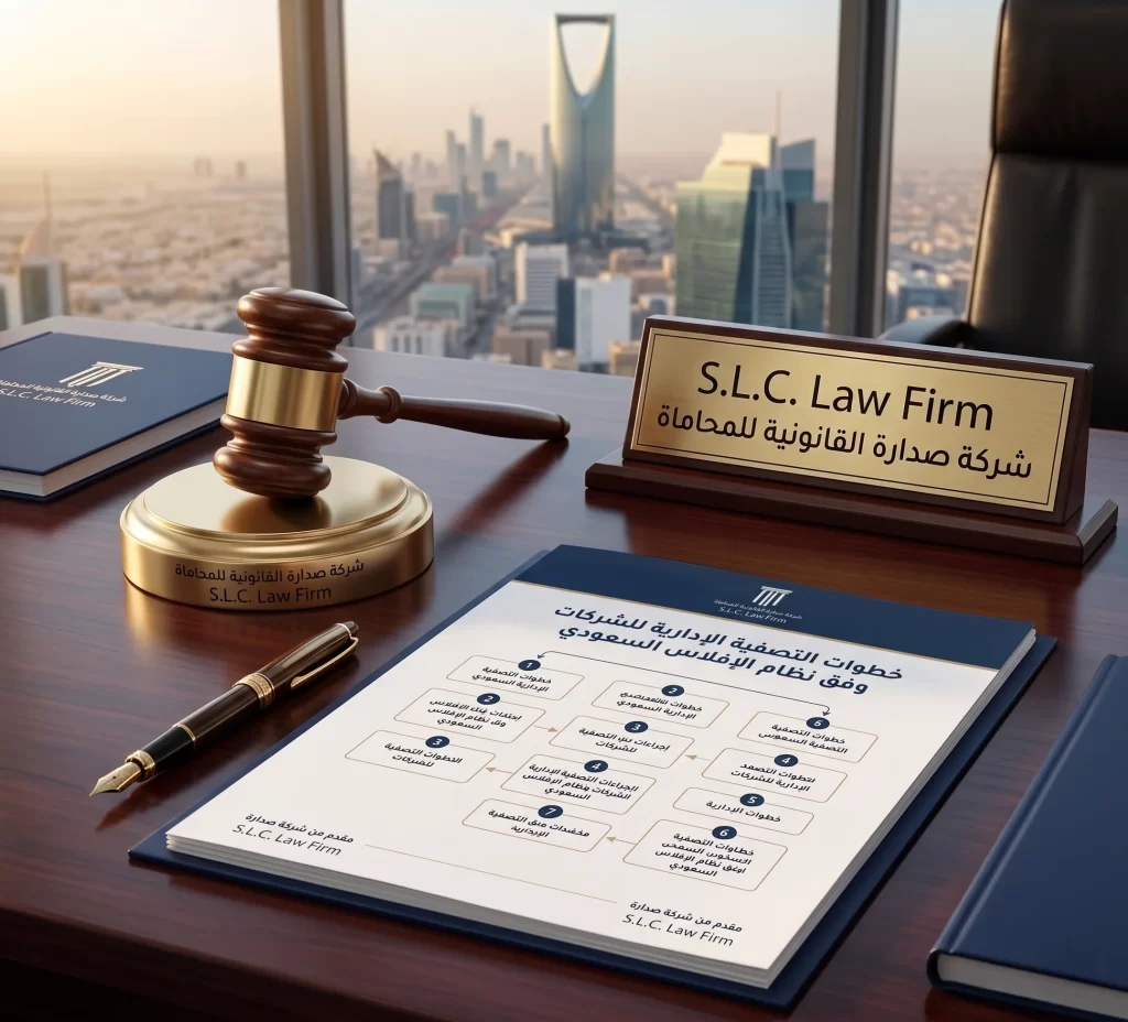 وثيقة قانونية توضح خطوات إجراءات التصفية الإدارية للشركات وفق نظام الإفلاس السعودي على مكتب في شركة صدارة القانونية للمحاماة بمدينة الرياض.