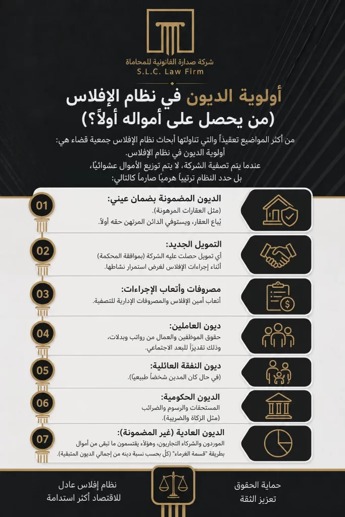 إنفوجرافيك يوضح ترتيب وأولوية الديون في نظام الإفلاس السعودي (من يحصل على أمواله أولاً عند تصفية الشركة)، ويشمل الديون المضمونة وأتعاب الإفلاس والديون الحكومية، مقدم من شركة صدارة