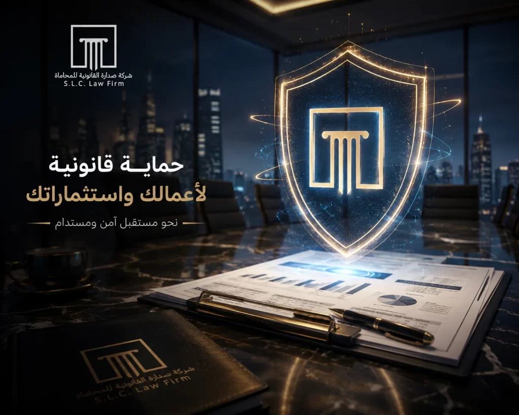 درع رقمي مضيء يحمل شعار شركة صدارة القانونية يطفو فوق عقود ومستندات مالية على طاولة اجتماعات، يرمز لحماية الأعمال والاستثمارات في السعودية صدارة التسوية الوقائية وإعادة التنظيم المالي