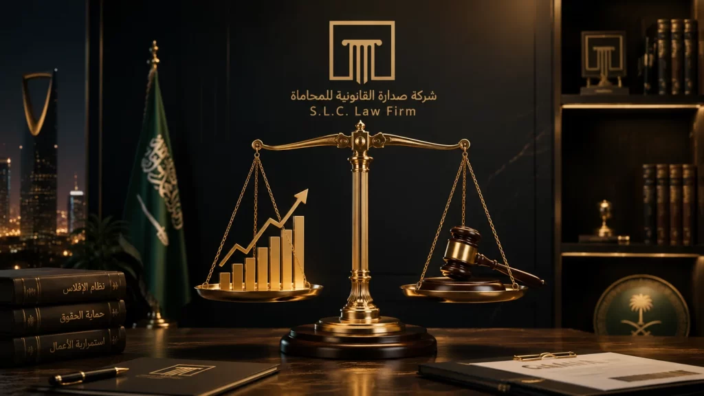 ميزان عدالة ذهبي يحمل رسماً بيانياً مالياً ومطرقة قضاء، يرمز إلى التوازن في نظام الإفلاس السعودي للشركات، مع ملامح مدينة الرياض وعلم المملكة، مقدم من شركة صدارة القانونية