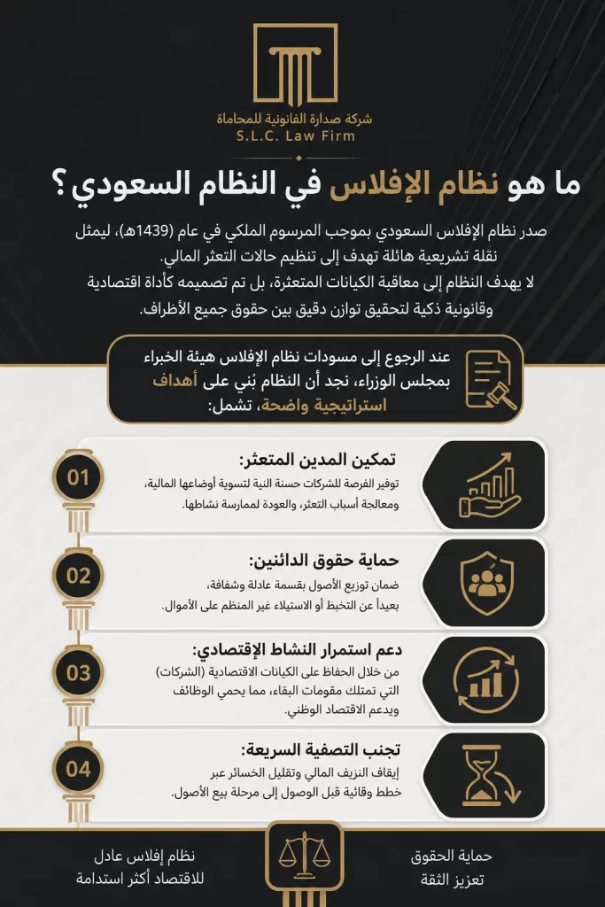 إنفوجرافيك يشرح ماهية نظام الإفلاس في النظام السعودي وأهدافه الاستراتيجية الأربعة (تمكين المدين، حماية الدائنين، دعم الاقتصاد، تجنب التصفية السريعة)، مقدم من شركة صدارة للمحاماة