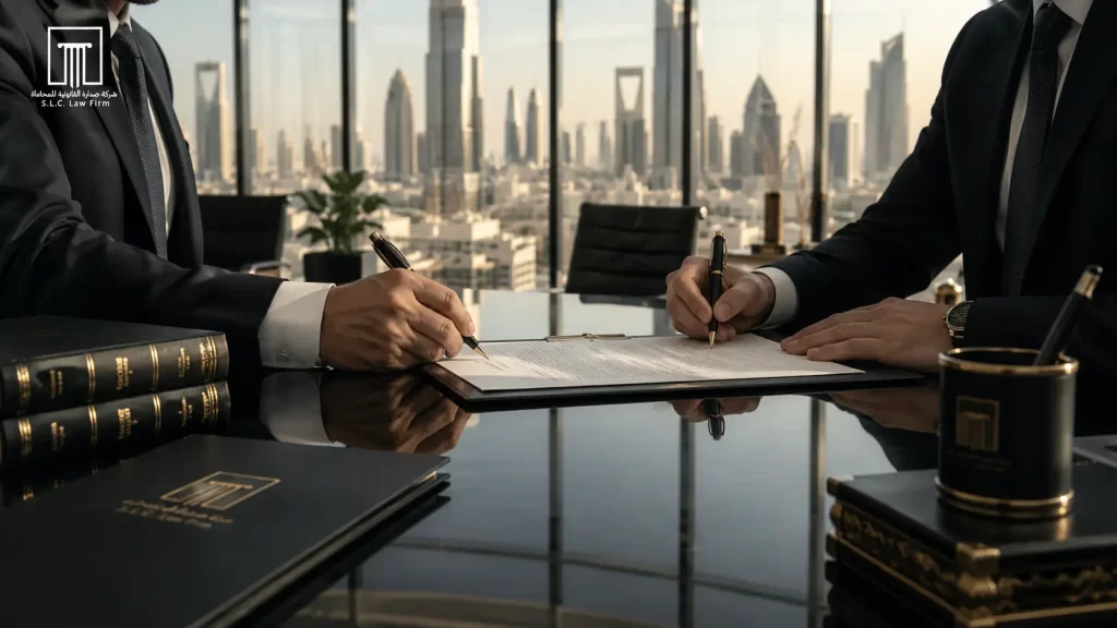 مديرون تنفيذيون يوقعون عقود التوريد الاحترافية في غرفة اجتماعات حديثة، لضمان الحماية القانونية من قبل شركة صدارة.