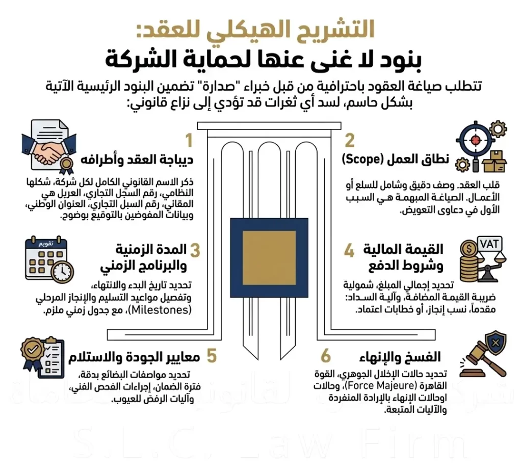 إنفوجرافيك يوضح التشريح الهيكلي للعقد التجاري، ويفصل 6 بنود قانونية لا غنى عنها لحماية الشركة: ديباجة العقد وأطرافه، نطاق العمل، المدة والبرنامج الزمني، القيمة المالية، معايير الجودة، والفسخ والإنهاء، من إعداد خبراء شركة صدارة للمحاماة.