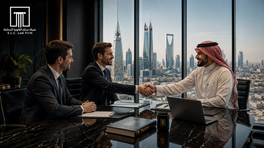 مستثمرون أجانب ومستشارون قانونيون سعوديون يناقشون إجراءات الامتثال القانوني وتأسيس الشركات الأجنبية في السعودية، مع شعار شركة صدارة للمحاماة (SLC Law Firm).