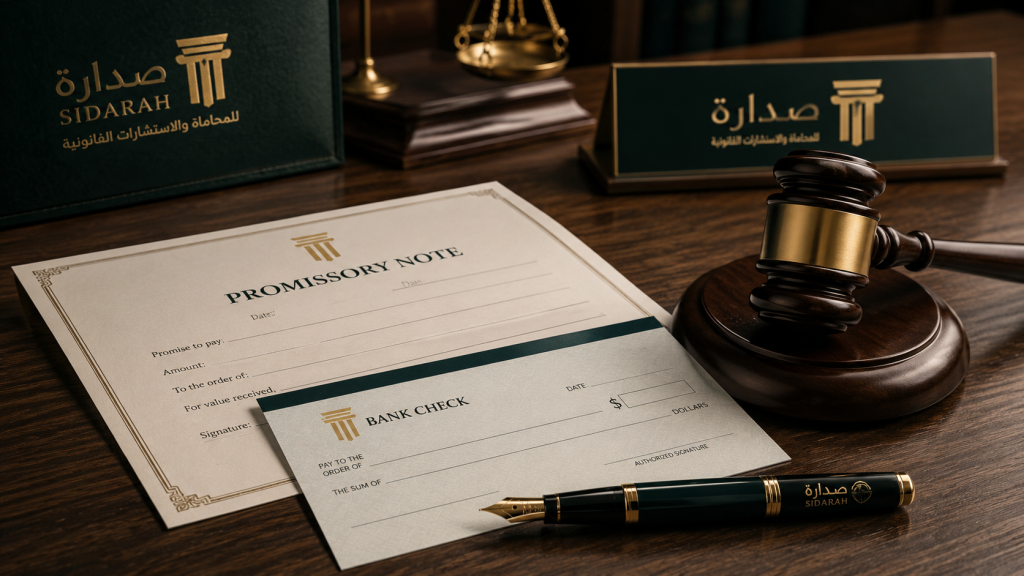 نموذج قانوني يوضح السند لأمر والشيك بجانب مطرقة القاضي من شركة صدارة للمحاماة والاستشارات القانونية