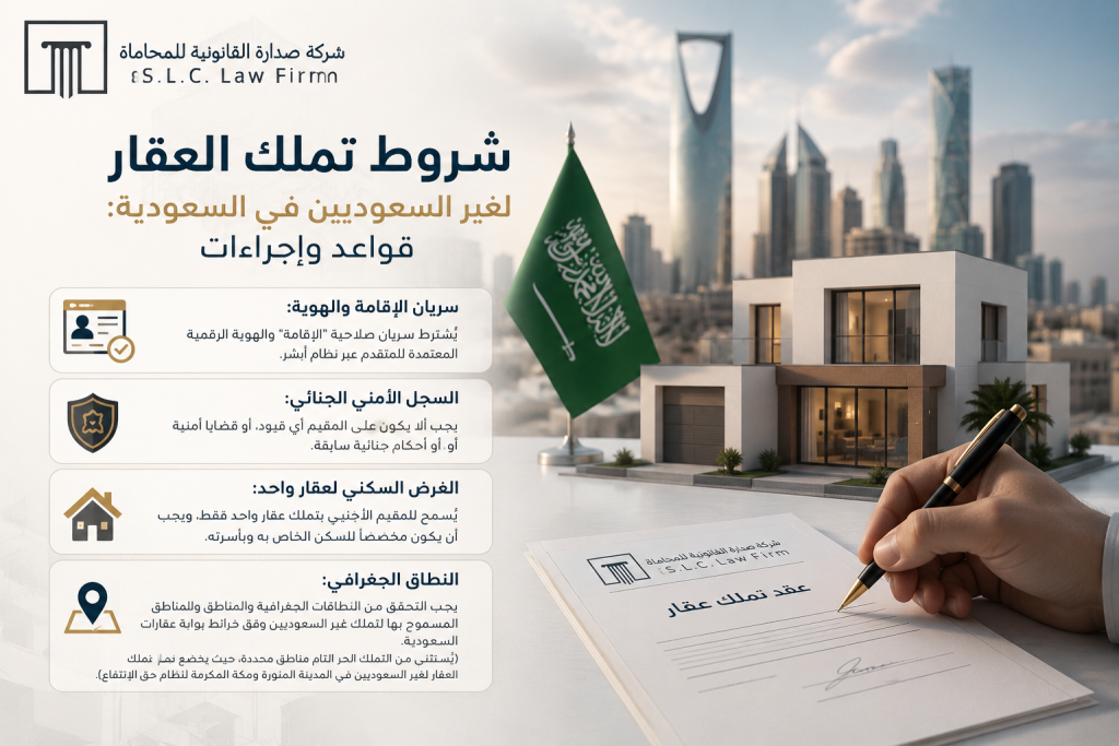إنفوجرافيك لشركة صدارة يوضح شروط تملك العقار لغير السعوديين في السعودية، ويشمل سريان الإقامة، السجل الأمني، الغرض السكني، والنطاق الجغرافي لضمان استخراج موافقة وزارة الداخلية لتملك عقار لغير السعوديين.
