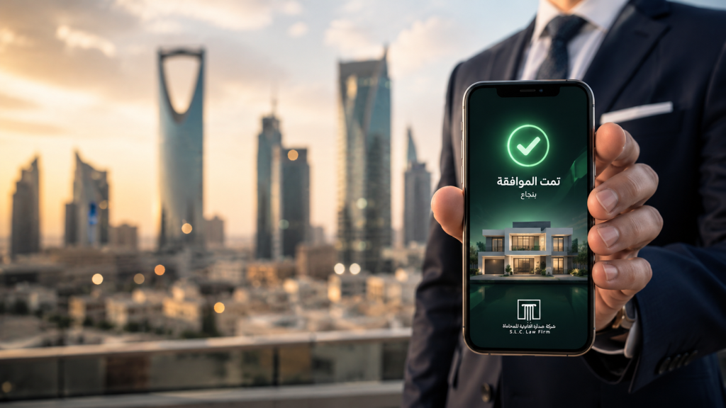 رجل أعمال يحمل هاتفاً ذكياً يعرض رسالة تمت الموافقة بنجاح، تعبيراً عن استخراج موافقة وزارة الداخلية لتملك عقار لغير السعوديين، مع ظهور شعار شركة صدارة القانونية للمحاماة وخلفية لمدينة الرياض.