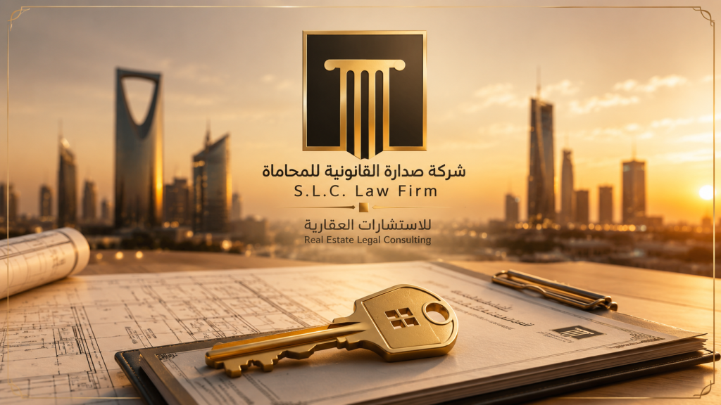 مفتاح ذهبي فوق عقود ومخططات هندسية مع شعار شركة صدارة القانونية للمحاماة وخلفية لأبراج مدينة الرياض، يرمز لخدمات الاستشارات العقارية وتملك الأجانب للعقار في السعودية.