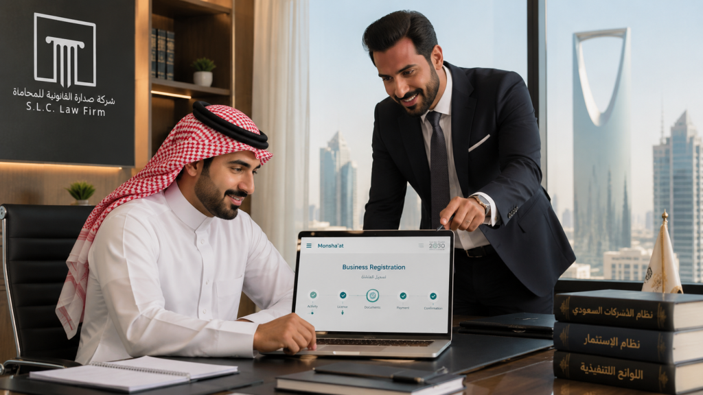 رائد أعمال يسجل شركته كـ شركة شخص واحد عبر منصة المركز السعودي للأعمال بمساعدة مستشار من شركة صدارة.