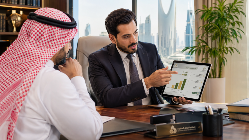 مستشار قانوني مالي يشرح تفاصيل تكلفة ورسوم تأسيس شركة في السعودية لمستثمر في مكتب شركة صدارة بالرياض