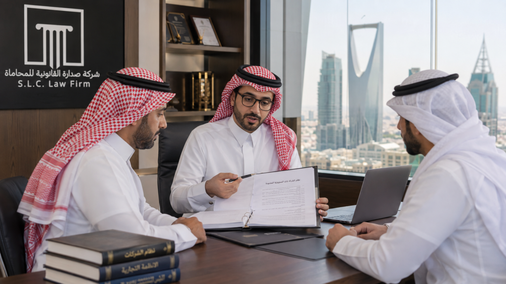 مستشار قانوني من شركة صدارة يراجع مسودة عقد تأسيس شركة ذات مسؤولية محدودة مع رواد أعمال في الرياض.