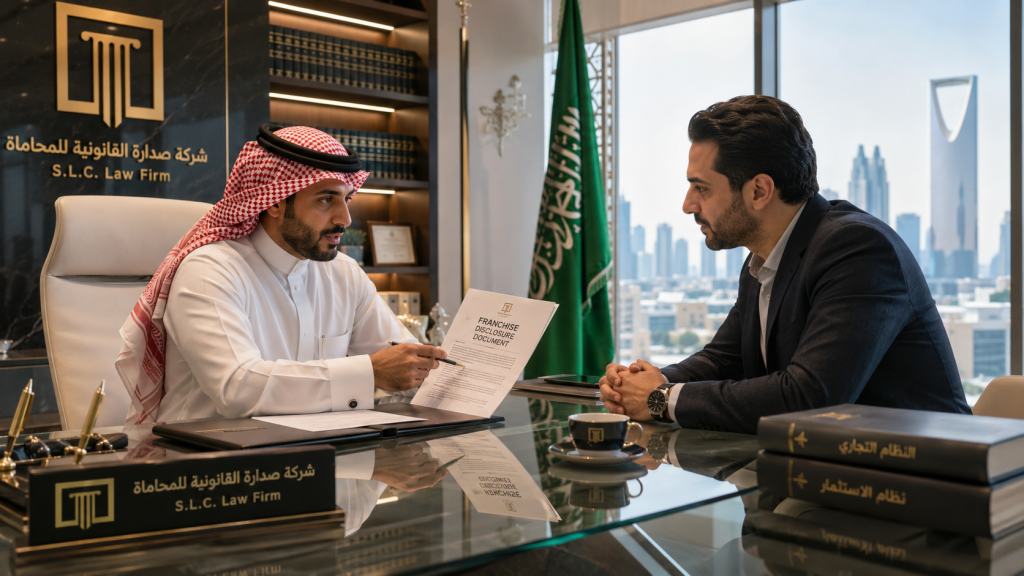 مستشار قانوني من شركة صدارة يراجع شروط وثيقة الإفصاح للامتياز التجاري مع مستثمر في السعودية.